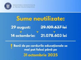 Ministerul Educației reamintește: cardurile educaționale trebuie utilizate până la 31 octombrie 2025